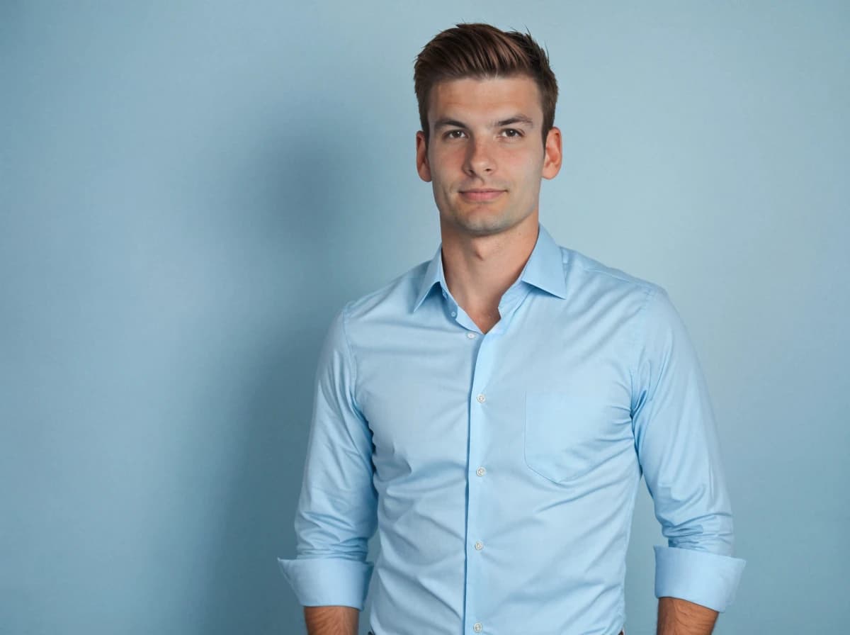 professional business photo of a handsome man wearing a light blue business shirt, standing against a solid light blue background