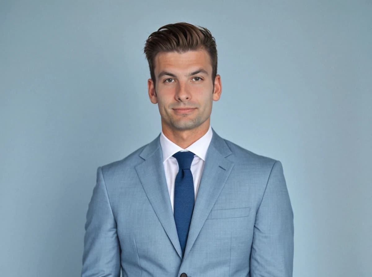 professional business photo of a handsome man wearing a light blue business suit and a blue tie, standing against a solid light blue background