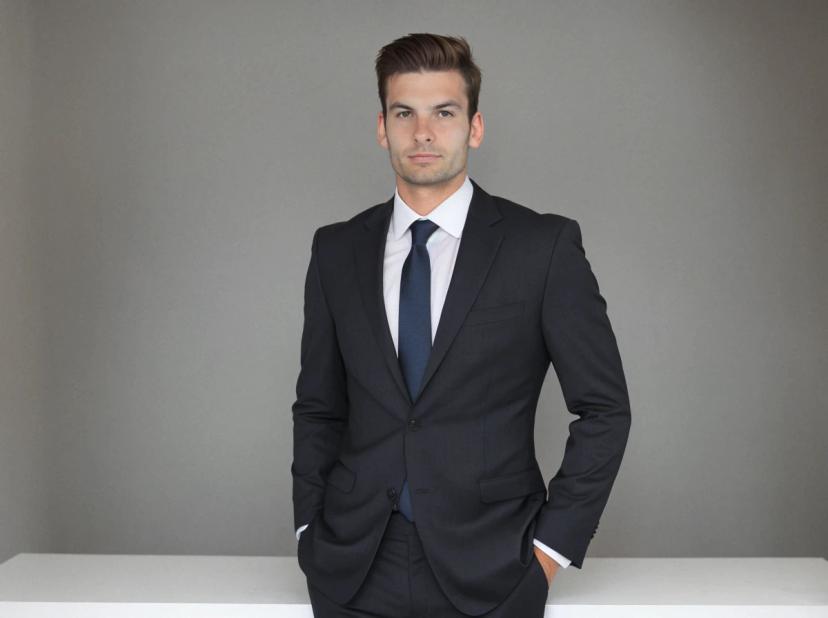 professional business photo of a handsome man with his hands in his pockets wearing a black business suit and a blue tie, standing against a solid gray background