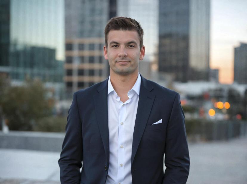 medium shot professional photo of a young man standing confidently against modern office buildings. He is wearing a navy suit over a white dress shirt