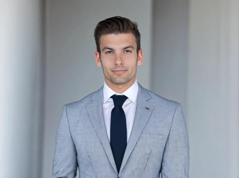 professional business photo of a handsome man wearing a checkered business suit and a dark tie, standing against a white wall