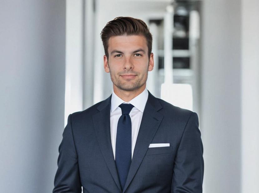 professional business photo of a handsome man wearing a navy business suit and a blue tie, standing in a luminous office space
