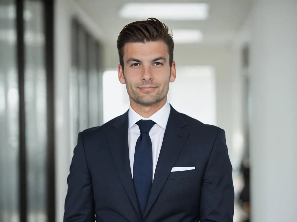 professional business photo of a handsome man wearing a navy business suit and a blue tie, standing in a luminous office space