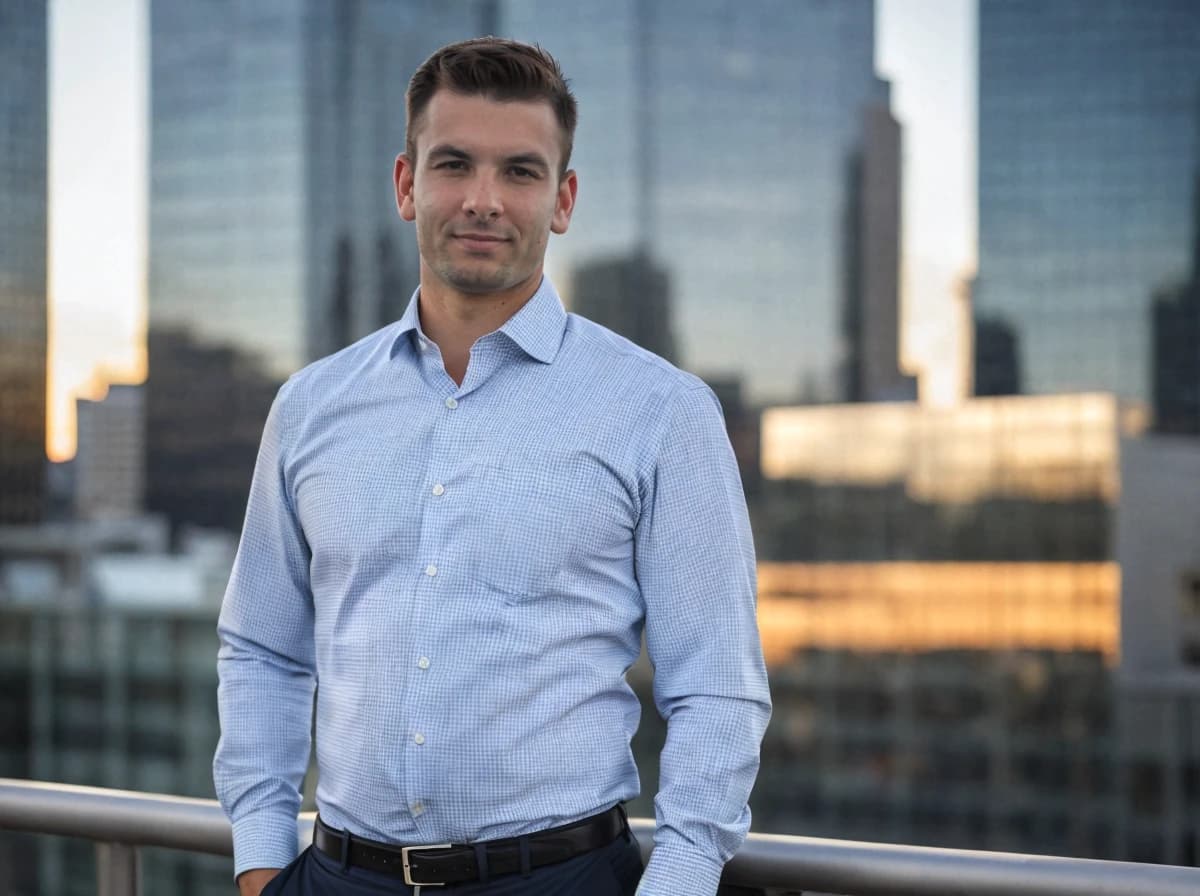 professional business photo of a young man wearing a light blue gingham shirt, standing outdoors with office buildings in the background, at dusk