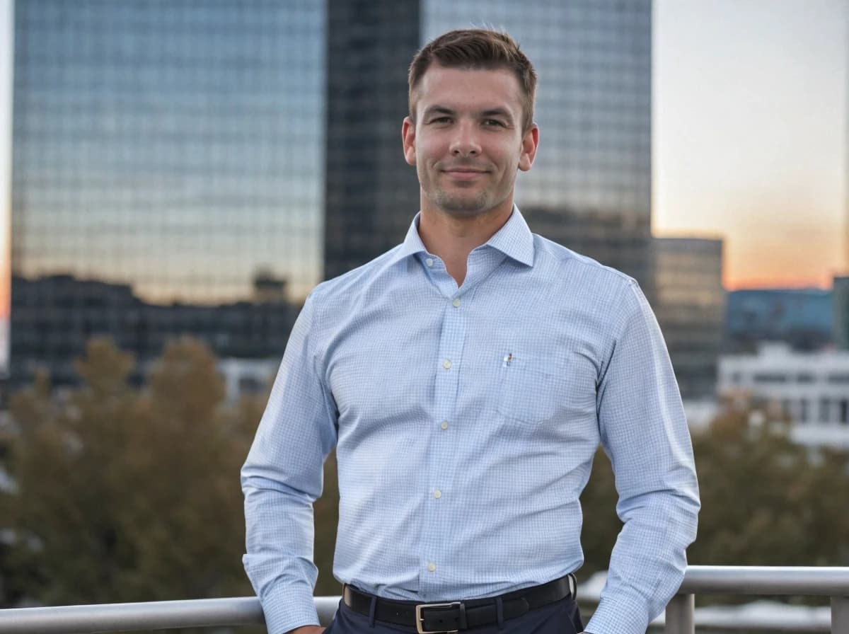 professional business photo of a young man smiling wearing a light blue gingham shirt, standing outdoors with office buildings in the background, at dusk