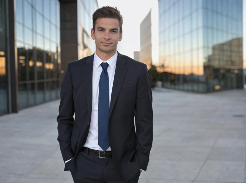 professional business photo of a young man wearing a dark business suit, white shirt, and blue tie, standing outdoors with office buildings in the background, at dusk