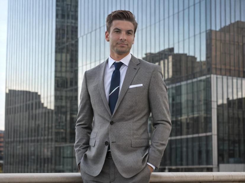 professional business photo of a young man wearing a gray tweed business suit, white shirt, and blue tie, standing outdoors with office buildings in the background, hands in pockets