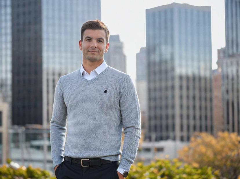 professional business photo of a young man wearing a light knitted sweater over a collared white shirt, standing outdoors with office buildings and vegetation in the background