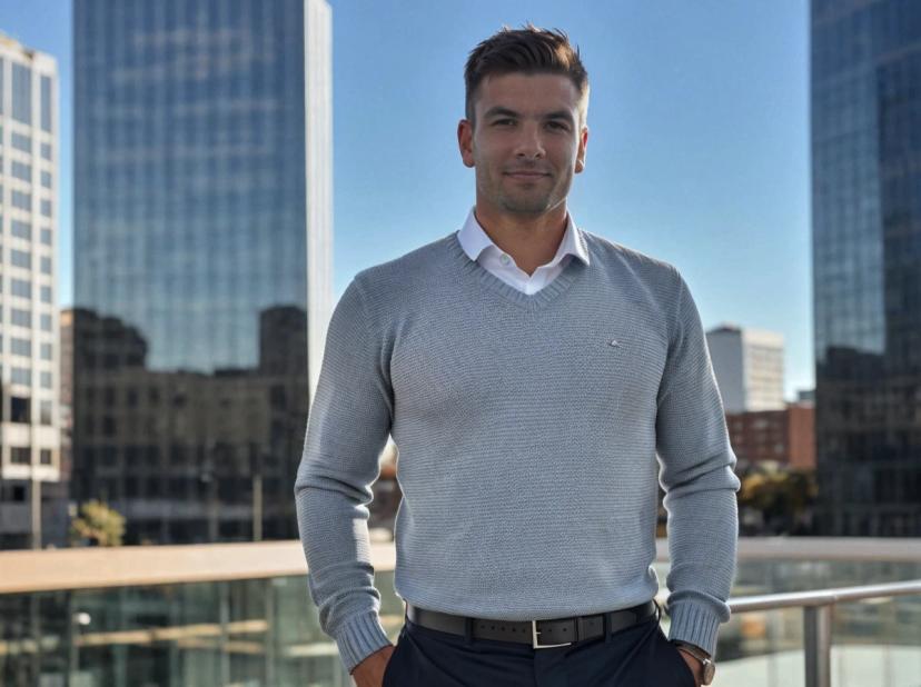 professional business photo of a young man wearing a light knitted sweater over a collared white shirt, a black belt, and navy trousers, standing outdoors with office buildings in the background