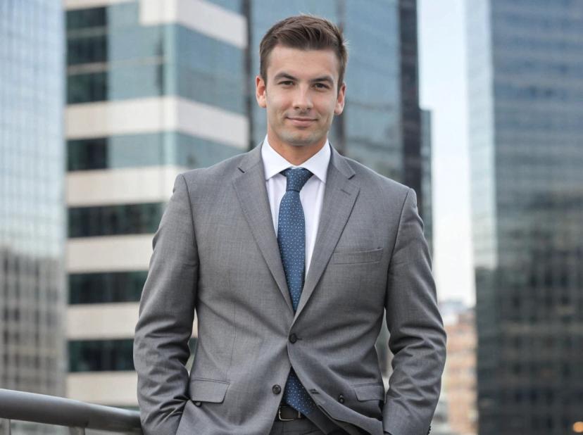 medium shot professional photo of a young man standing confidently against modern office buildings. He is wearing a gray suit over a white dress shirt with a blue tie with dots