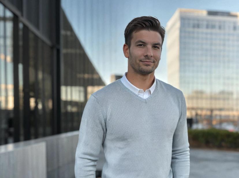 professional business photo of a young man wearing a light knitted sweater over a collared white shirt, standing outdoors with office buildings in the background