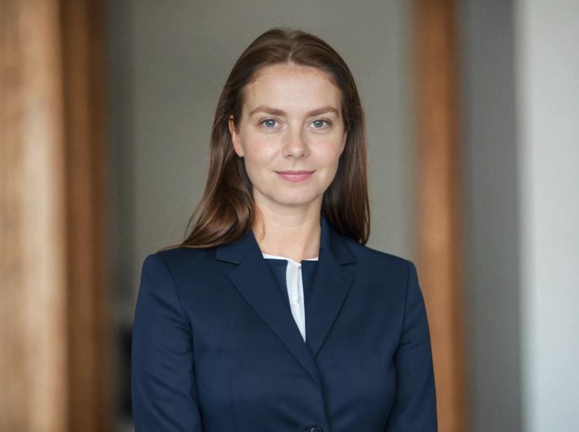 professional photo of a young business woman with auburn hair, wearing a navy business suit, stading against a diffused interior background