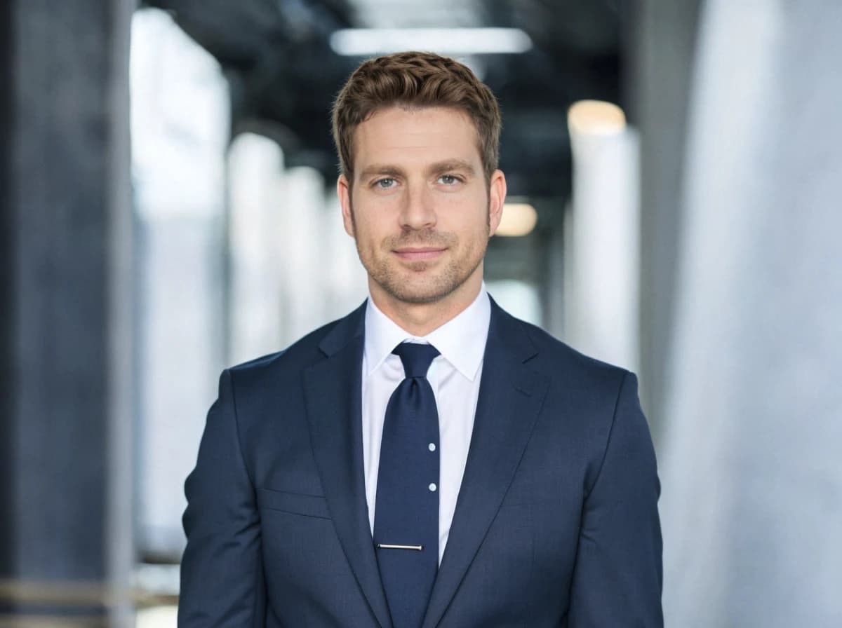 professional business photo of a man wearing a navy business suit and a blue tie, standing in a luminous office setting