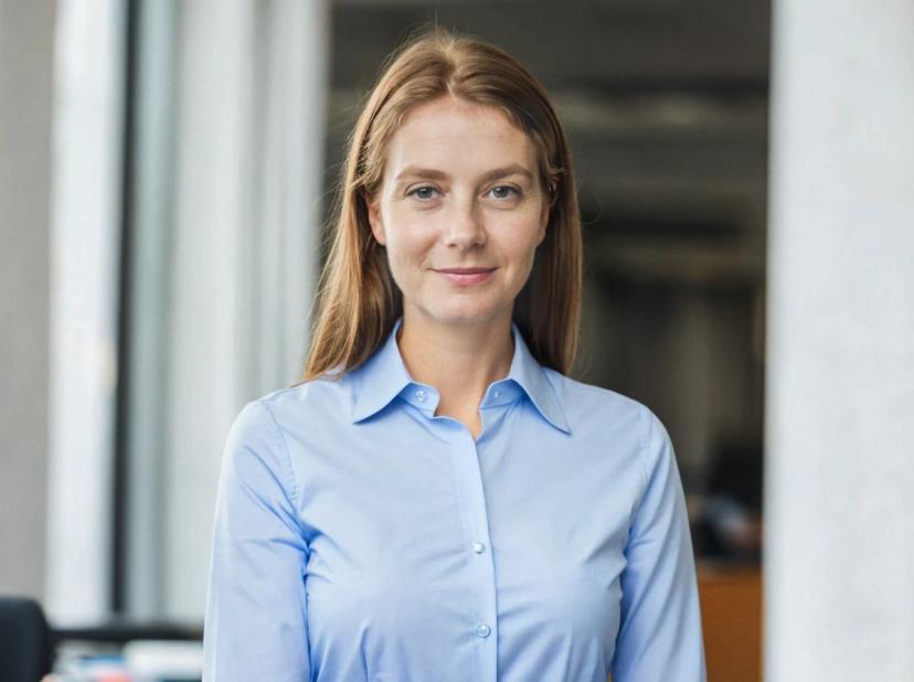 professional headshot of a young woman with dark blonde hair and blue eyes in an office setting. She is wearing a light blue button-up shirt