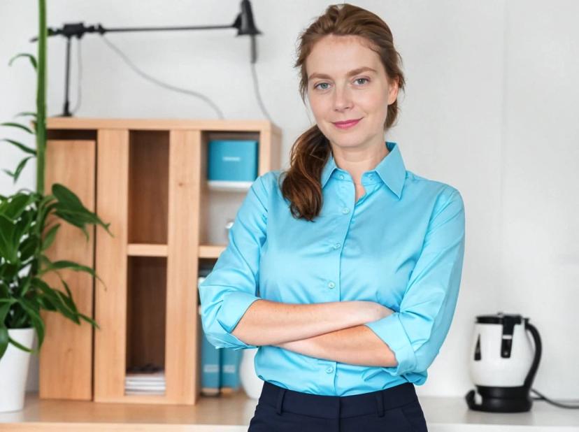 professional headshot of a young woman with tied hair with her arms crossed standing in an office setting. She is wearing a light blue button-up shirt and blue trousers