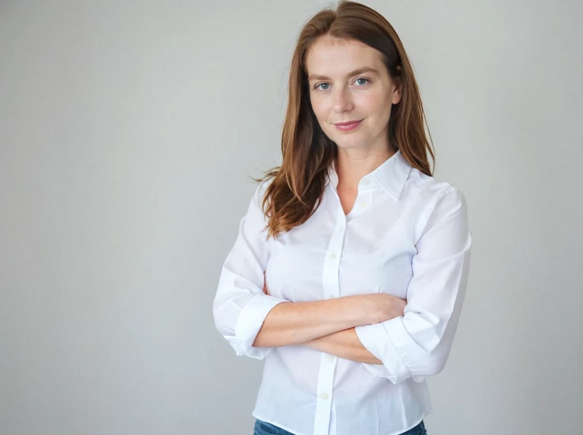 professional headshot of a young woman with her arms crossed standing against a solid white background. She is wearing a white button-up shirt