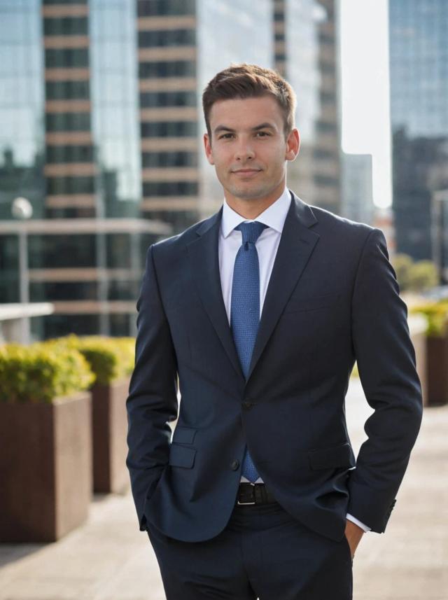 Professional business photo of a young man in a dark suit and tie standing outdoors with modern office buildings in the background