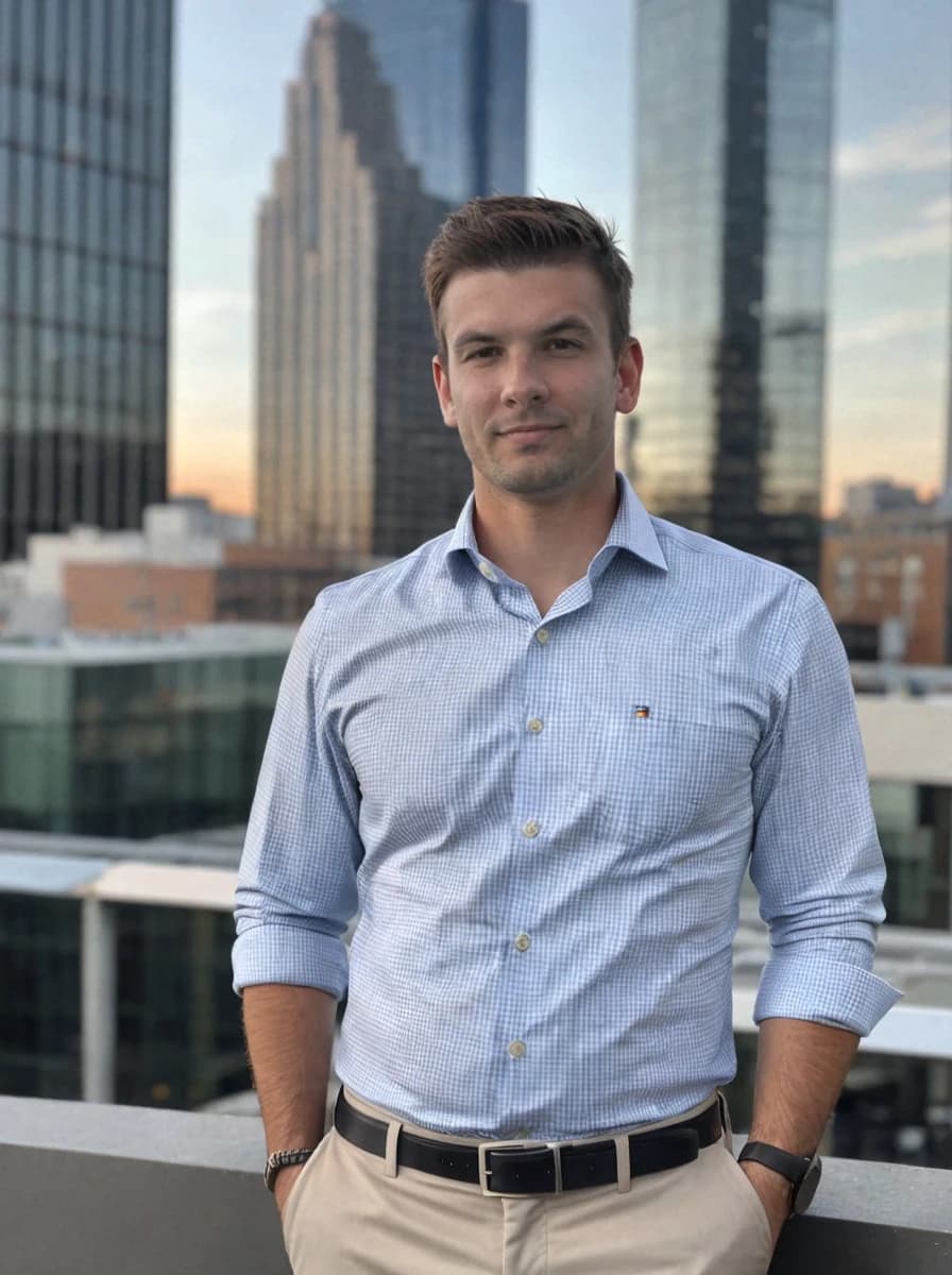 Business photo of a young man in a light blue checkered shirt stands on a rooftop with his hands in his pockets, with a city skyline featuring tall buildings in the background