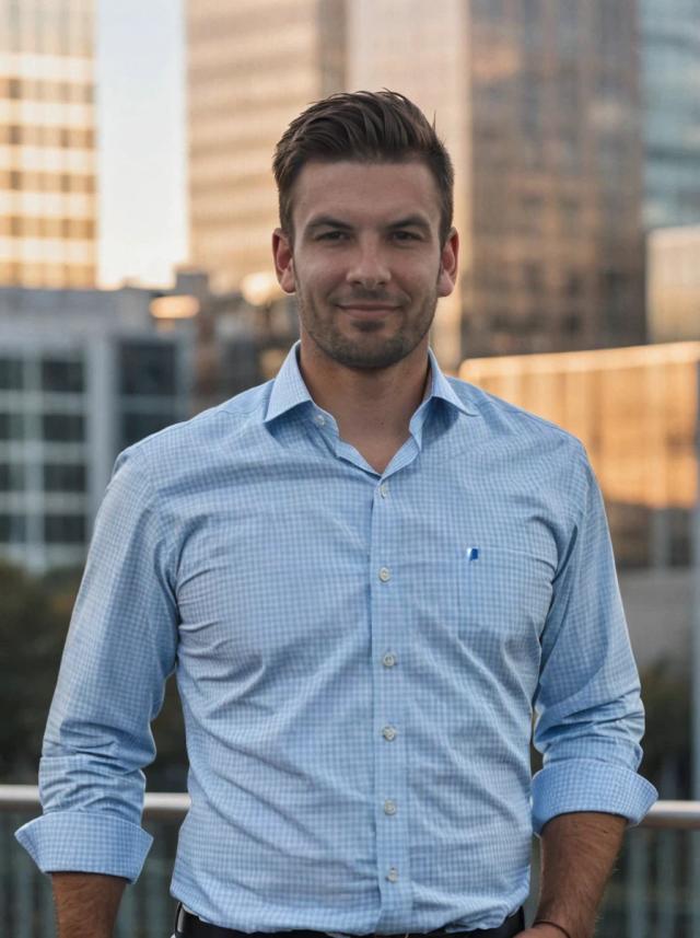 Business photo of a young man in a light blue checkered shirt with rolled up sleeves stands outdoors with modern office buildings in the background, at dusk