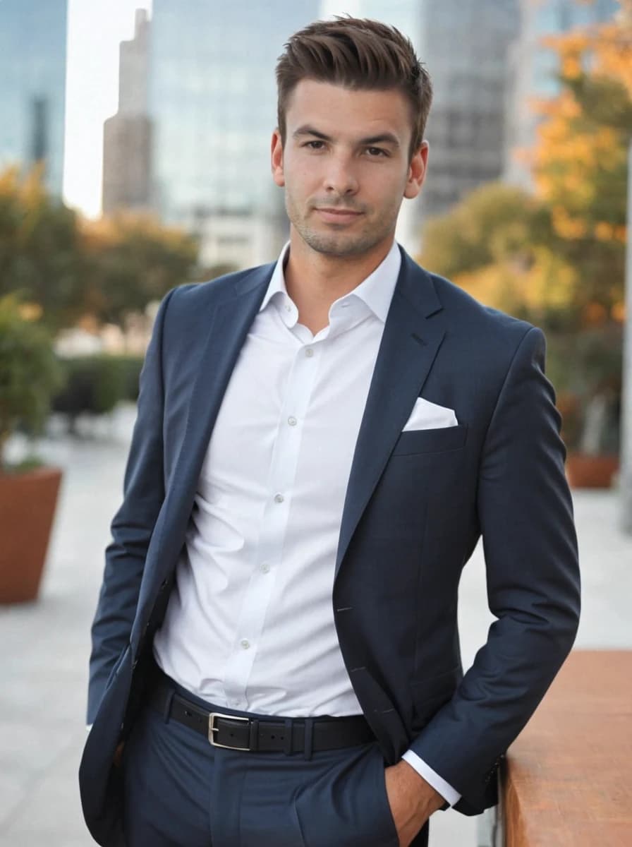 photo of a young man in a navy business suit with a white button-up shirt, stands with his hands in his pockets in a city with trees background