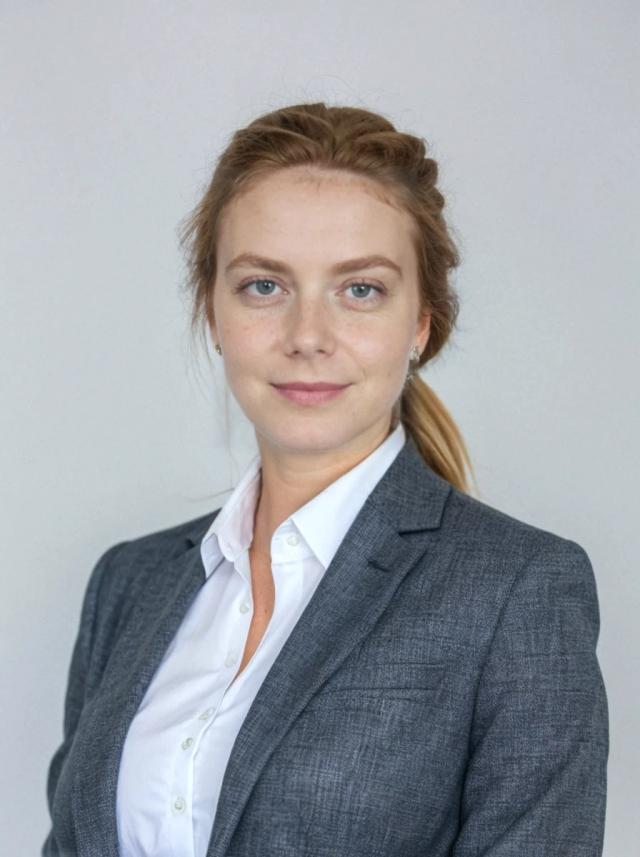professional headshot of a young woman with a confident expression and tied blonde hair posing against a solid white background. She is wearing a dark blazer over a white dress shirt