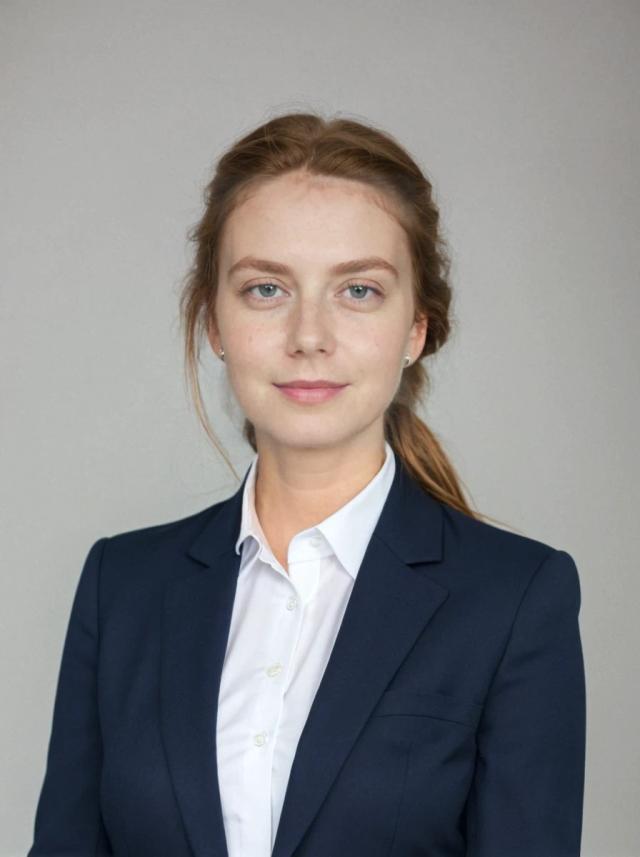 professional headshot of a young woman with a confident expression and tied hair posing against a solid white background. She is wearing a navy blazer over a white dress shirt