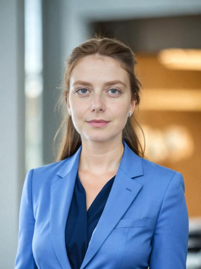 professional headshot of a young woman with a confident expression in an office setting. She is wearing a modern blue blazer over a dark top