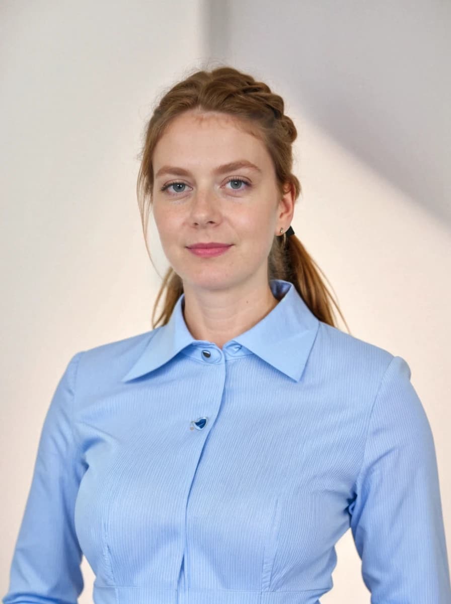 professional headshot of a young woman with a confident expression and tied ginger hair posing against a solid white background. She is wearing a light blue business shirt