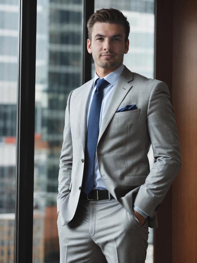 Professional business photo of a young man in a light gray suit and blue tie standing indoors with large windows and modern office buildings in the background
