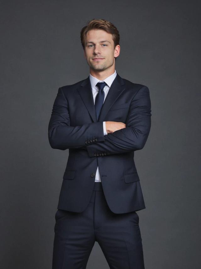 professional business photo of a handsome man with his arms crossed standing confidently against a dark gray background. He is wearing a nice dark blue business suit and a blue tie