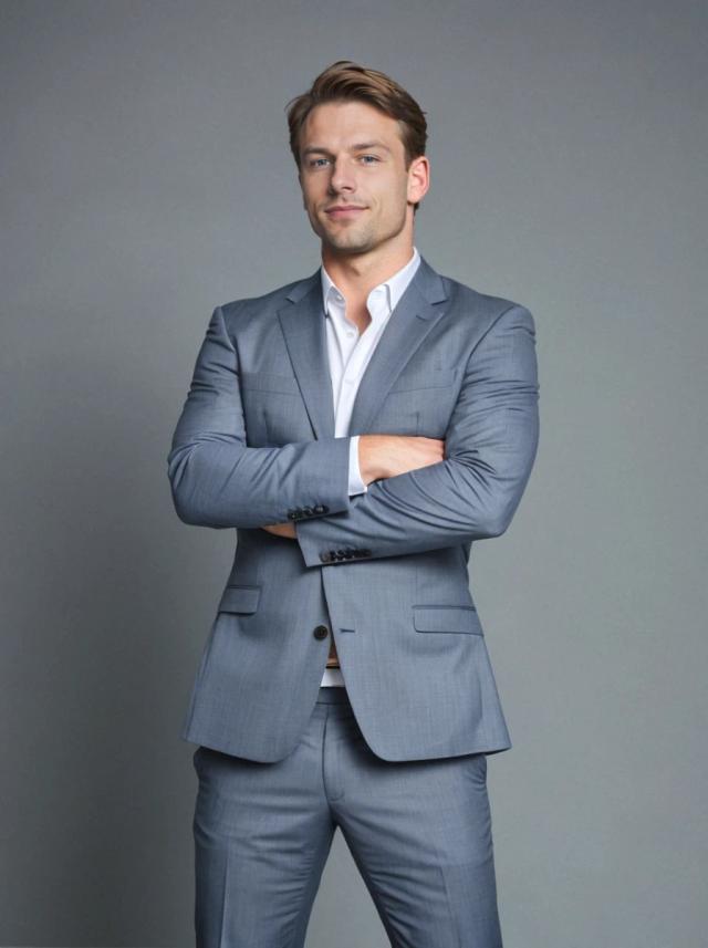 professional business photo of a handsome man with his arms crossed standing confidently against a light gray background. He is wearing a light blue-gray business suit and a white shirt