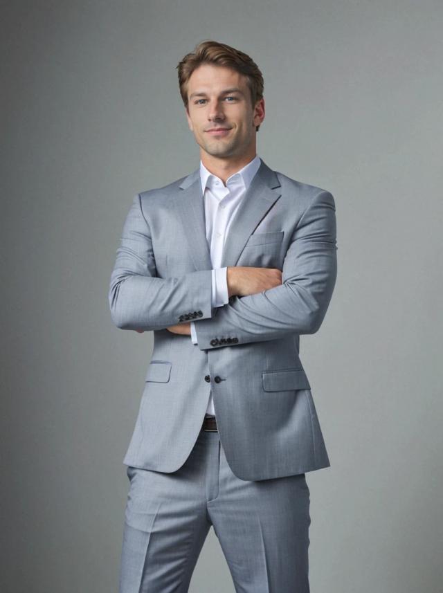 professional business photo of a handsome man with his arms crossed and a slight smile standing against a light gray background. He is wearing a light blue-gray business suit and a white shirt