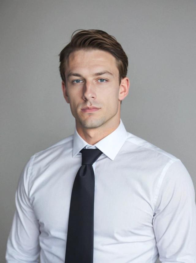 professional business photo of a caucasian man standing against an off-white solid background. He is wearing a nice white business shirt and a black tie