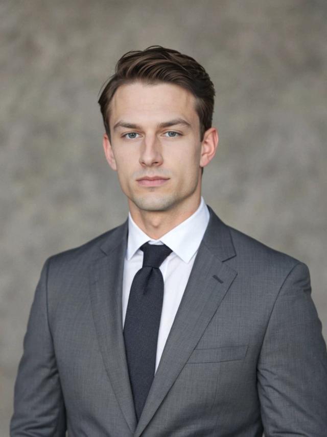 professional business photo of a caucasian man standing against a gray background with patterns. He is wearing a dark gray busines suit, a white shirt and a dark tie