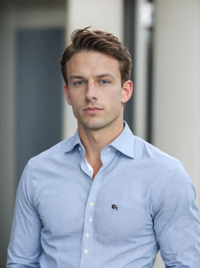 professional business photo of a handsome white man with a serious expression standing against a diffused background. He is wearing a light-blue business button-up shirt