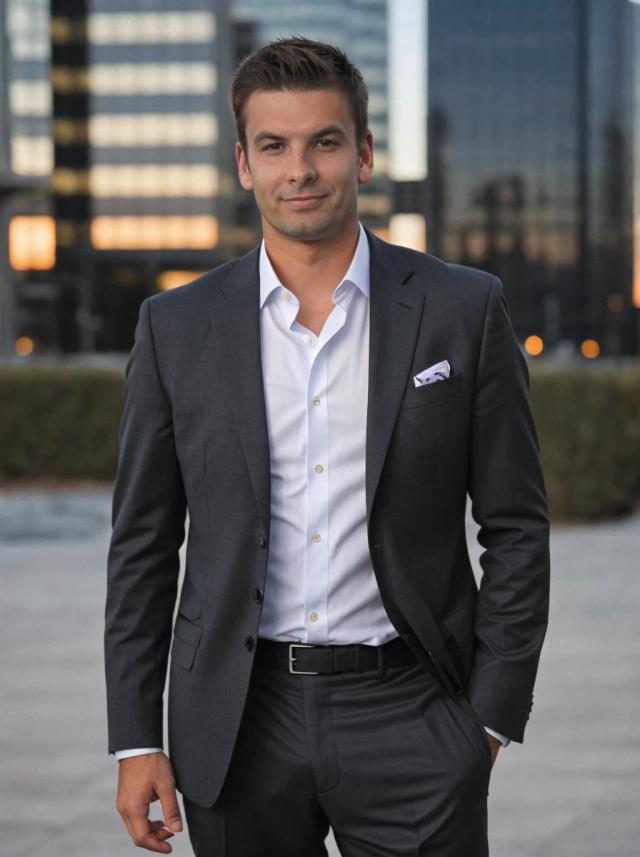 Professional business photo of a young man in a dark suit and a white shirt standing outdoors with modern office buildings in the background