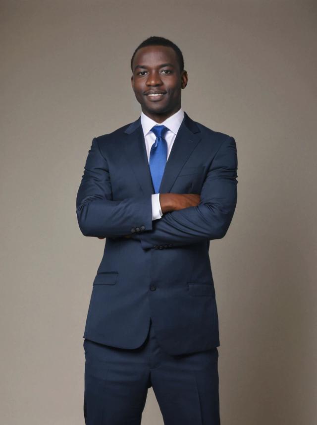 professional business photo of an african man with his arms crossed and a smile standing confidently against a light gray background. He is wearing a nice dark blue business suit and a vivid blue tie