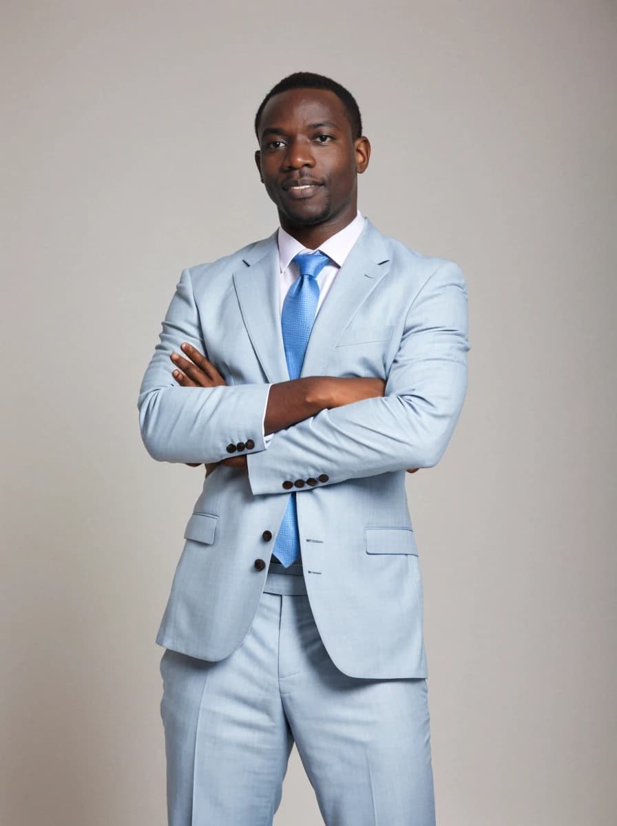 professional business photo of an african man with his arms crossed standing confidently against an off-white backdrop. He is wearing a stylish pale-blue business suit and a vivid cyan tie