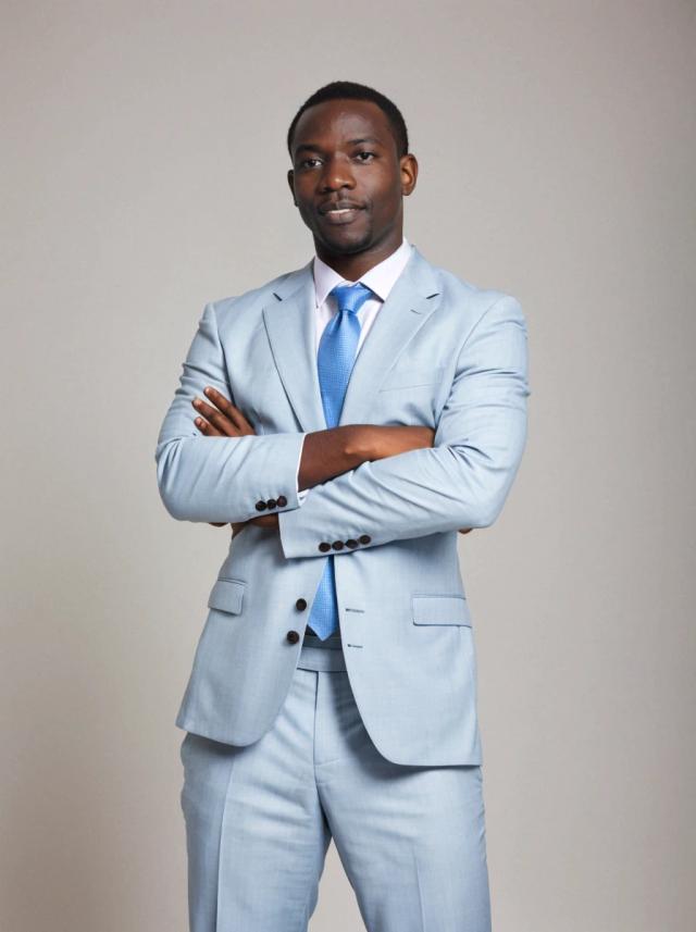 professional business photo of an african man with his arms crossed standing confidently against an off-white backdrop. He is wearing a stylish pale-blue business suit and a vivid cyan tie