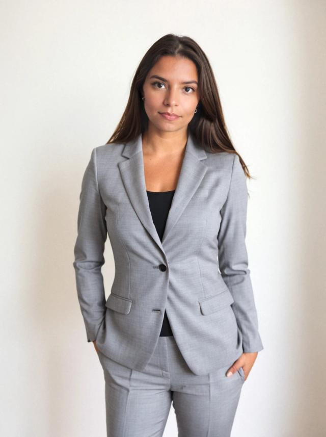 professional business photo of a latina business woman standing confidently against a white backdrop. She is wearing a light gray business pantsuit over a black top