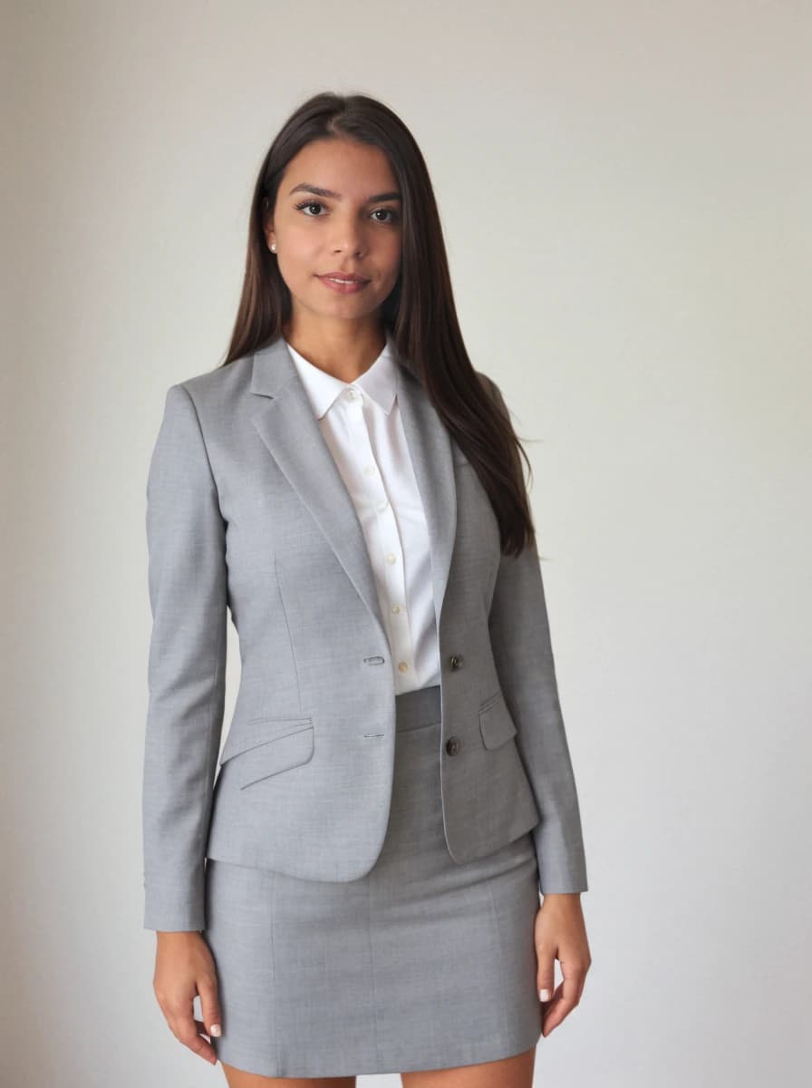 professional business photo of a latina business woman standing confidently against a white backdrop. She is wearing a light gray business skirtsuit and a white collared shirt