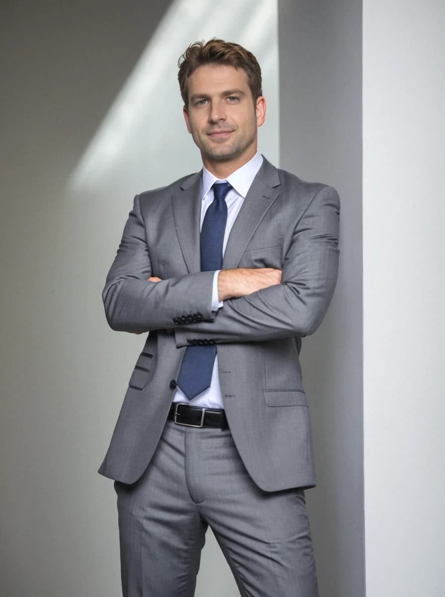 professional business photo of a white man with his arms crossed leaning against a white wall. He is wearing a gray business suit and a blue tie