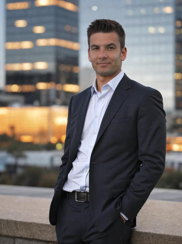 Professional business photo of a young man in a dark suit and white shirt standing outdoors with illuminated modern office buildings in the background