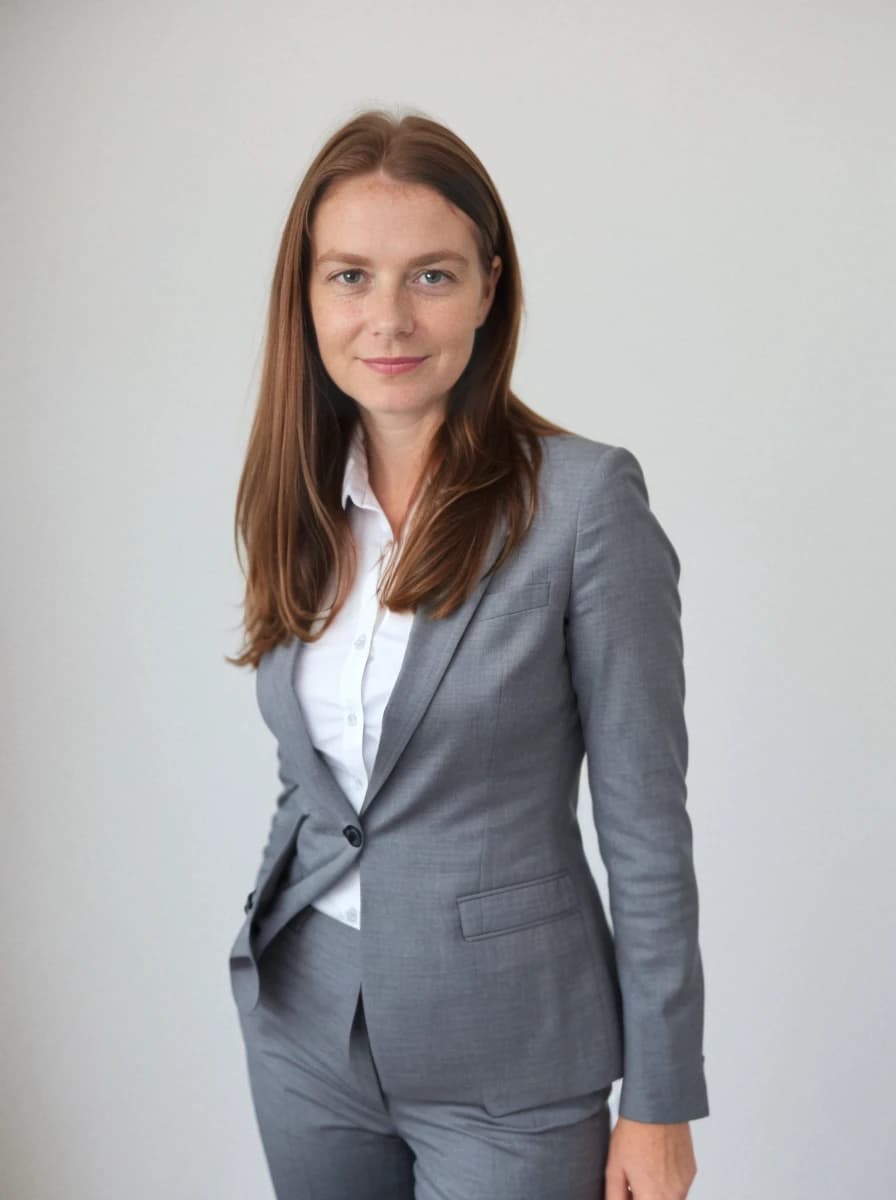 professional business photo of a caucasian woman with ginger hair and a smile stading against a white background. She is wearing a light gray business pantsuit and a white shirt