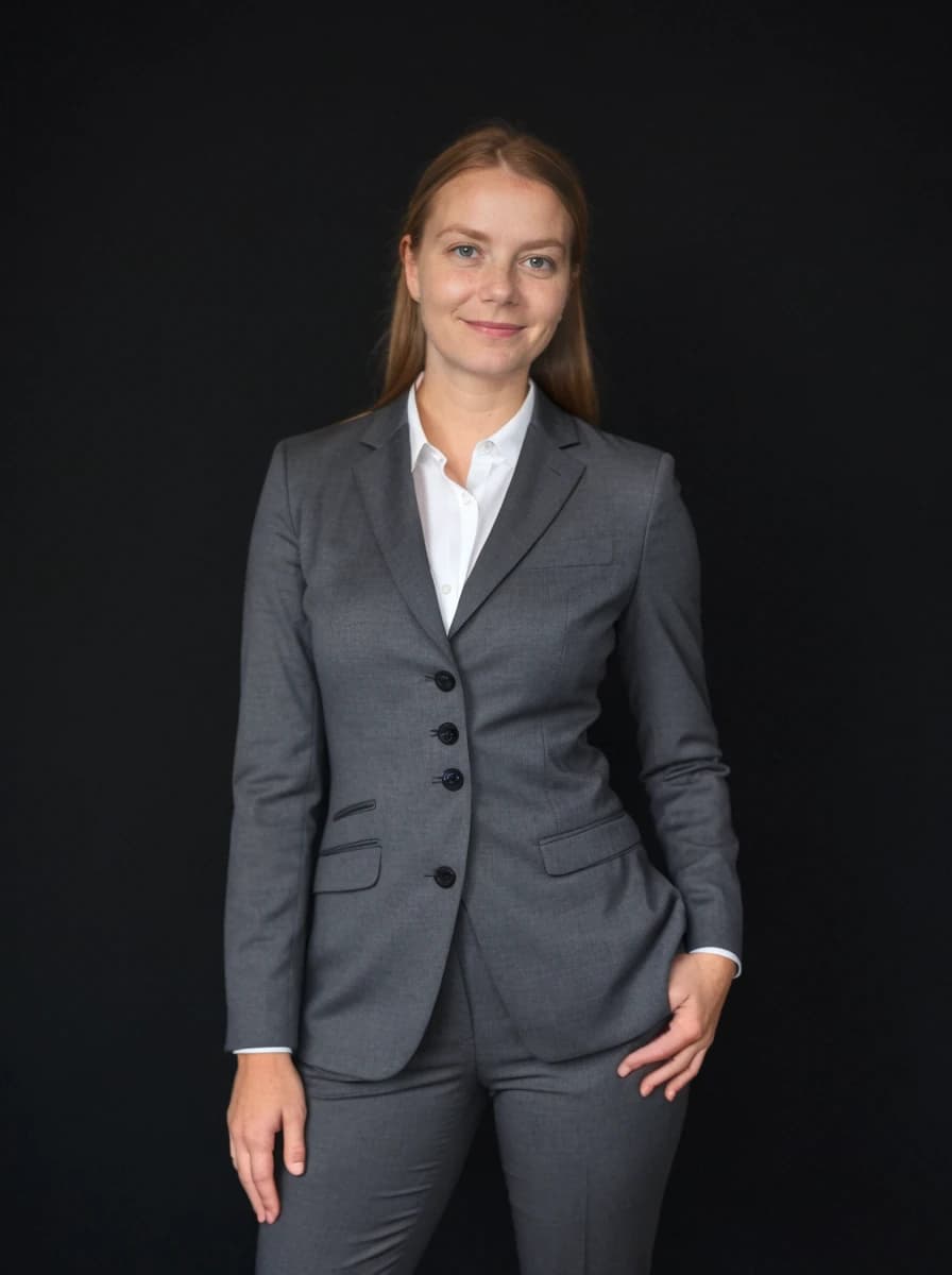 professional business photo of a caucasian woman with ginger hair and a smile stading against a solid black background. She is wearing a dark gray business pantsuit and a white shirt