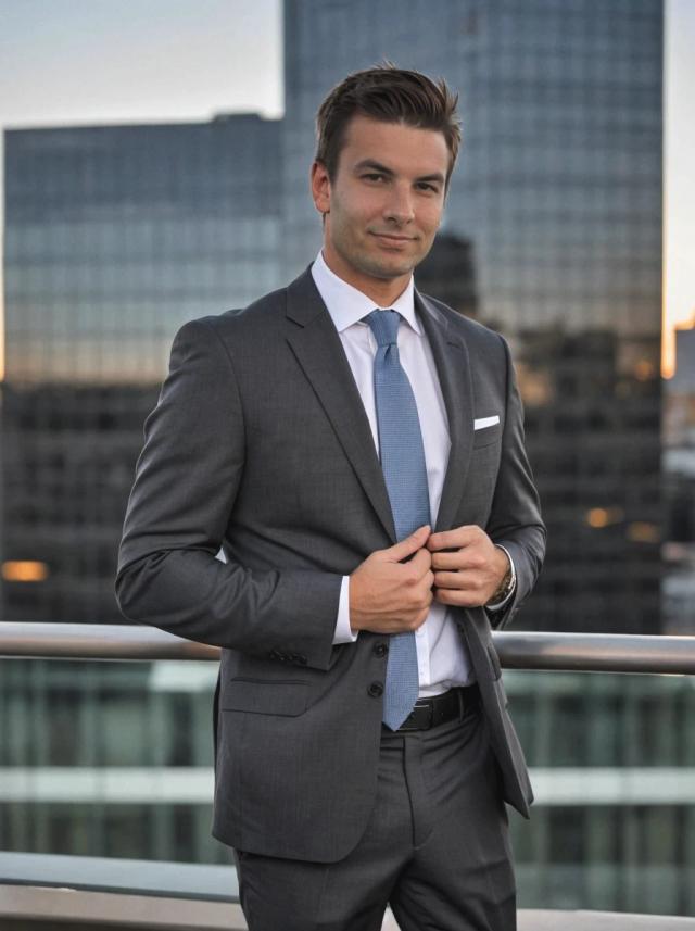 Professional business photo of a young man in a charcoal suit, white shirt, and a light blue tie standing outdoors with modern office buildings in the background, at dusk