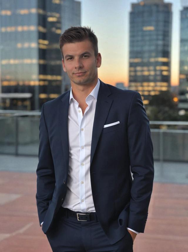 Professional business photo of a young man in a navy suit and white button-up shirt standing outdoors with illuminated modern office buildings in the background