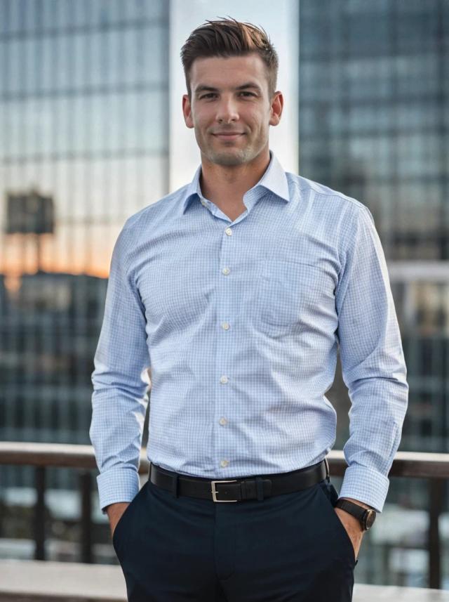 Professional business photo of a young man wearing a gingham dress shirt and dark pants standing outdoors with his hands in his pockets against modern office buildings in the background