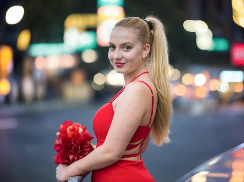 A woman in a bright red dress with a high ponytail hairstyle holding a bouquet of red flowers, standing on a city street with blurry lights in the background.