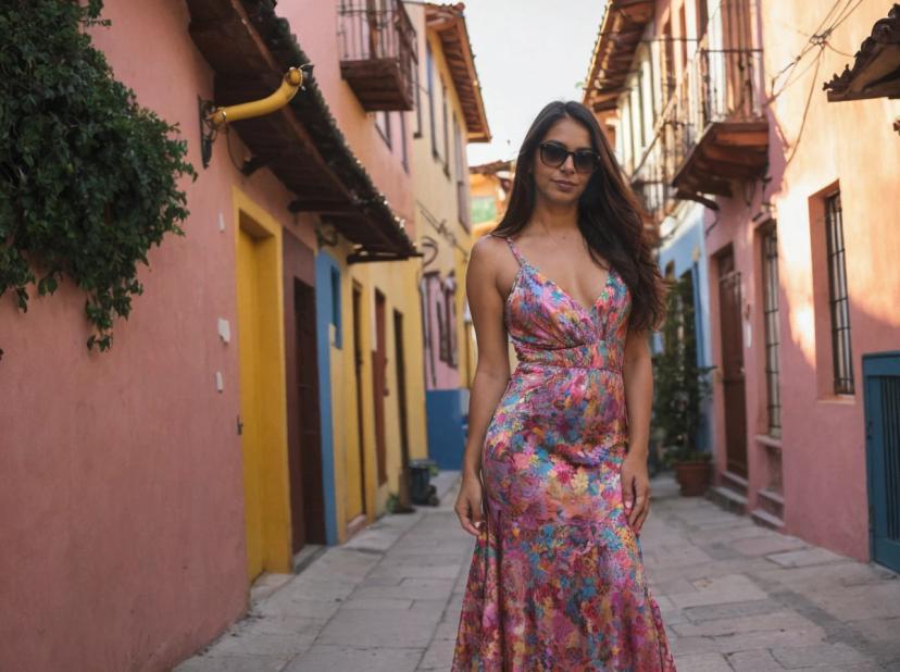 A woman wearing a floral dress stands in a quaint, colorful alleyway with pink, yellow, and blue buildings lined with balconies and green plants.
